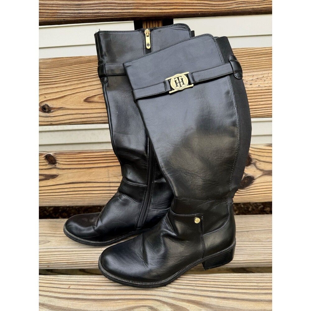 Tommy Hilfiger Black Leather Knee High Boots Women's 8 M Logo Zip